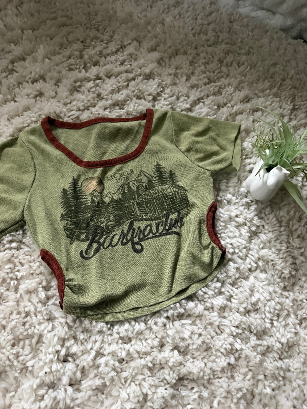 Olive green cropped unique outdoor hiking cute Green Graphic Crop Top with Rust